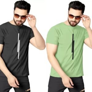 Pack of 2 Black&Green-2COMBO Men Striped Round Neck Polyester T-Shirt