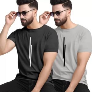 Pack of 2 BLACK-GREY-2COMBO Men Striped Round Neck Polyester T-Shirt