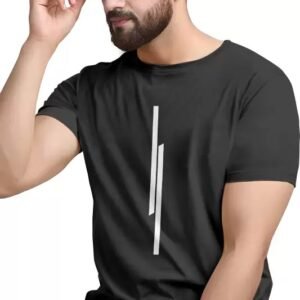 Men Striped Round Neck Polyester Black T-Shirt