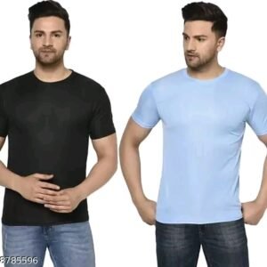 Pack of 2 Black & Light Blue Men Round Neck Polyester T-Shirt